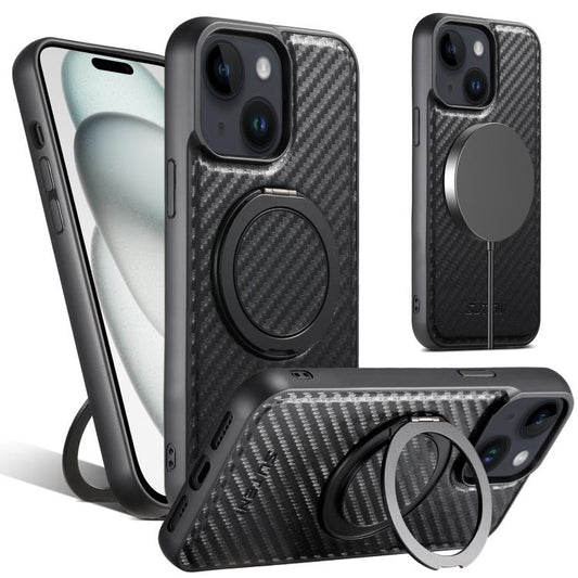For iPhone 15 Plus Suteni G3 Carbon Fiber Leather 360 Rotation Holder MagSafe Phone Case(Black) - iPhone 15 Plus Cases by Suteni | Online Shopping UK | buy2fix