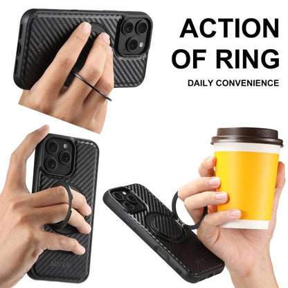 For iPhone 15 Pro Suteni G3 Carbon Fiber Leather 360 Rotation Holder MagSafe Phone Case(Black) - iPhone 15 Pro Cases by Suteni | Online Shopping UK | buy2fix