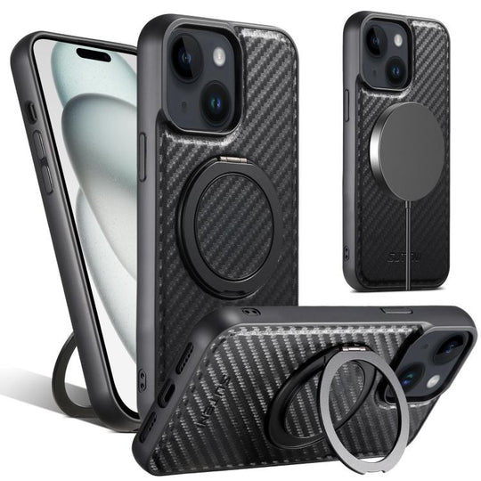 For iPhone 15 Suteni G3 Carbon Fiber Leather 360 Rotation Holder MagSafe Phone Case(Black)