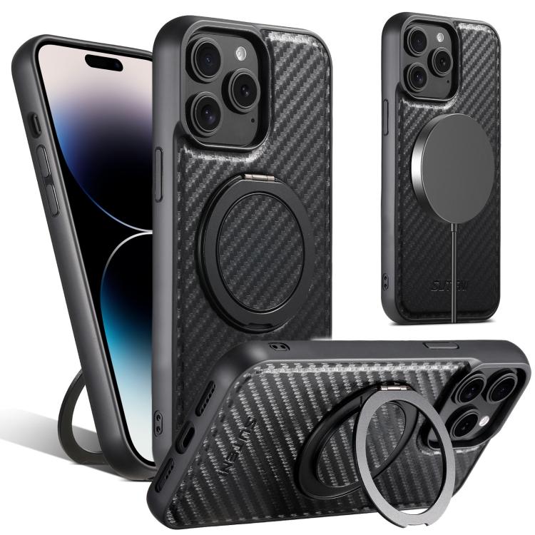 For iPhone 14 Pro Max Suteni G3 Carbon Fiber Leather 360 Rotation Holder MagSafe Phone Case(Black) - iPhone 14 Pro Max Cases by Suteni | Online Shopping UK | buy2fix