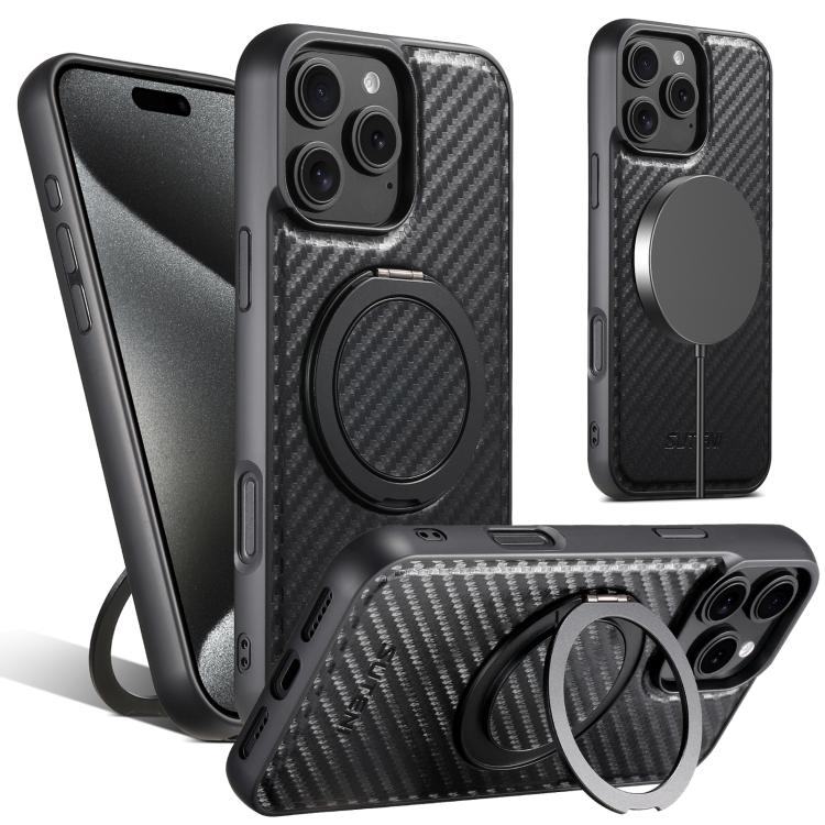 For iPhone 14 Pro Max Suteni G3 Carbon Fiber Leather 360 Rotation Holder MagSafe Phone Case(Black) - iPhone 14 Pro Max Cases by Suteni | Online Shopping UK | buy2fix