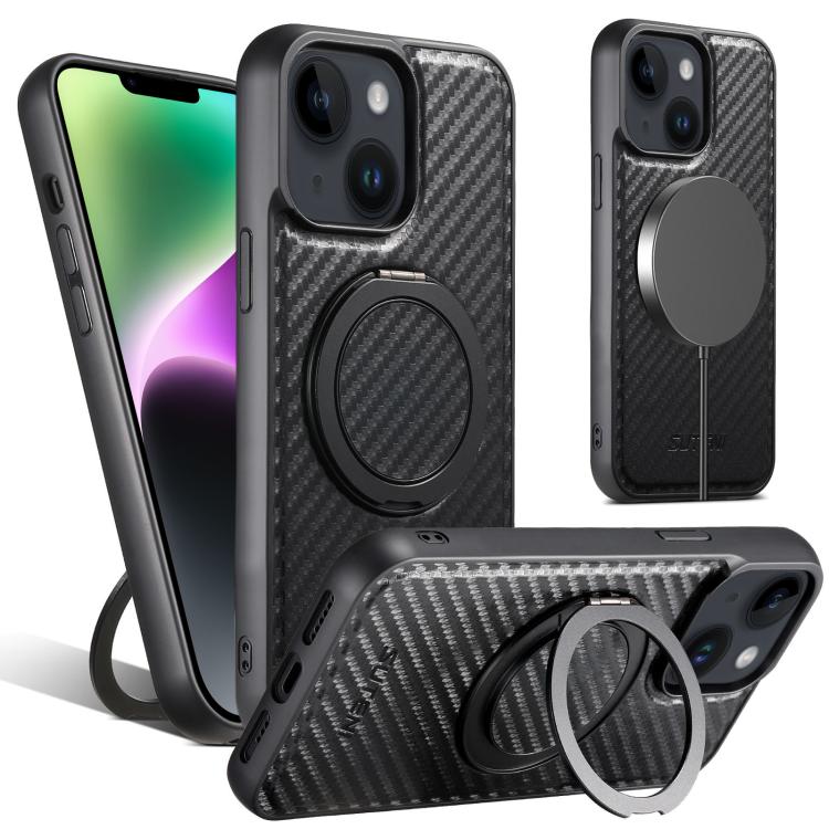 For iPhone 14 Suteni G3 Carbon Fiber Leather 360 Rotation Holder MagSafe Phone Case(Black) - iPhone 14 Cases by Suteni | Online Shopping UK | buy2fix