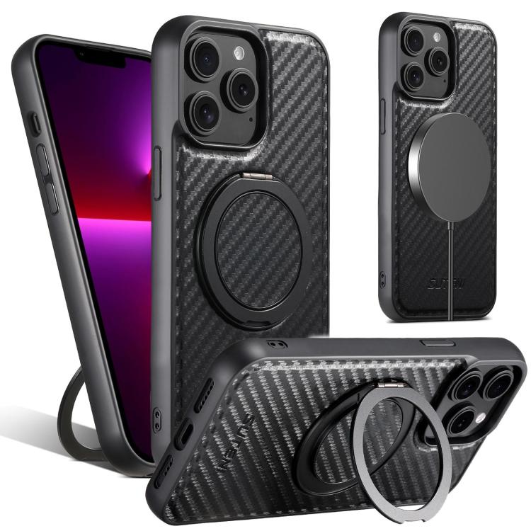 For iPhone 13 Pro Suteni G3 Carbon Fiber Leather 360 Rotation Holder MagSafe Phone Case(Black) - iPhone 13 Pro Cases by Suteni | Online Shopping UK | buy2fix