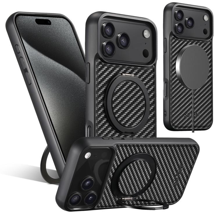 For iPhone 17 Pro Max Suteni G3 Carbon Fiber Leather 360 Rotation Holder MagSafe Phone Case(Black) - iPhone 17 Pro Max Cases by Suteni | Online Shopping UK | buy2fix