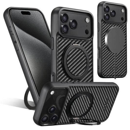 For iPhone 17 Pro Suteni G3 Carbon Fiber Leather 360 Rotation Holder MagSafe Phone Case(Black) - iPhone 17 Pro Cases by Suteni | Online Shopping UK | buy2fix