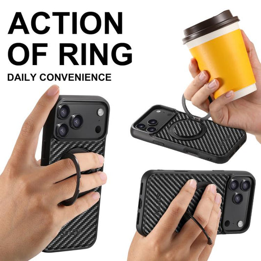 For iPhone 17 Pro Suteni G3 Carbon Fiber Leather 360 Rotation Holder MagSafe Phone Case(Black) - iPhone 17 Pro Cases by Suteni | Online Shopping UK | buy2fix