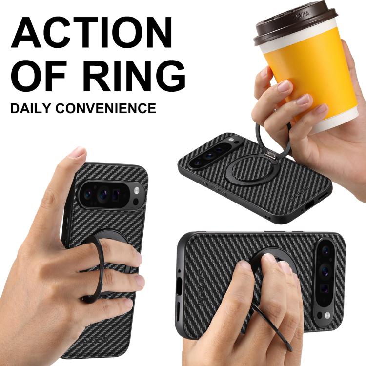 For Google Pixel 10 Pro XL Suteni G3 Carbon Fiber Leather 360 Rotation Holder MagSafe Phone Case(Black) - Google Cases by Suteni | Online Shopping UK | buy2fix