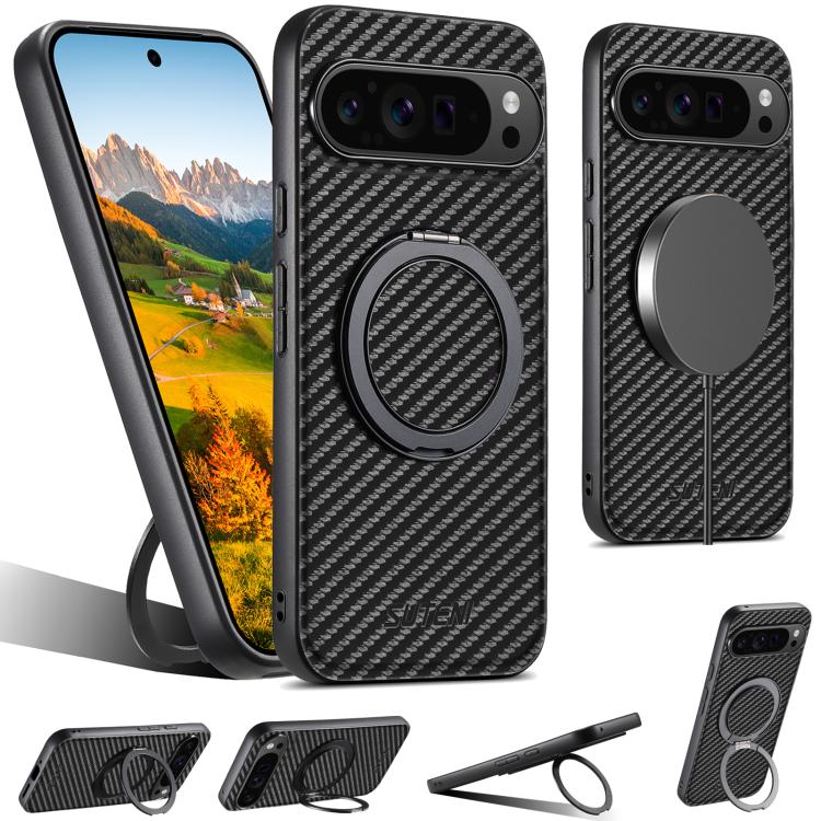 For Google Pixel 10 Pro XL Suteni G3 Carbon Fiber Leather 360 Rotation Holder MagSafe Phone Case(Black) - Google Cases by Suteni | Online Shopping UK | buy2fix
