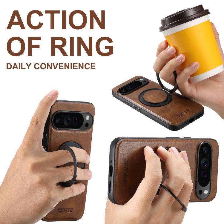 For Google Pixel 10 Suteni G3 Oil Wax 360 Rotation Holder MagSafe Back Phone Case(Brown) - Google Cases by Suteni | Online Shopping UK | buy2fix