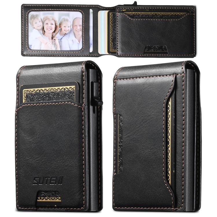 Suteni Oil Waxy Keys Automatically Pop Up Card Wallet Case(Black) - Adhesive Card Holders by Suteni | Online Shopping UK | buy2fix