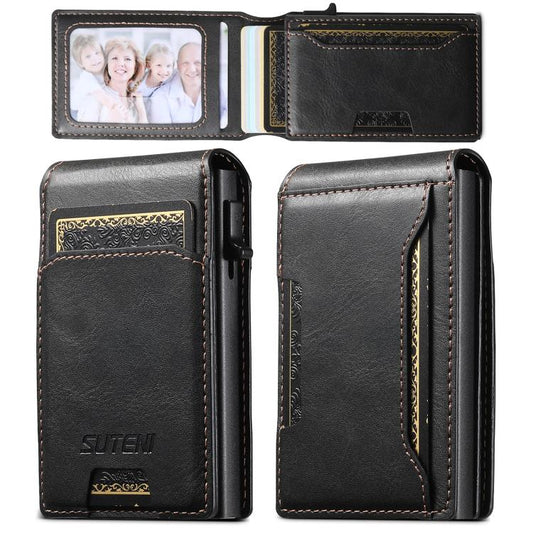 Suteni Oil Waxy Keys Automatically Pop Up Card Wallet Case(Black) - Adhesive Card Holders by Suteni | Online Shopping UK | buy2fix
