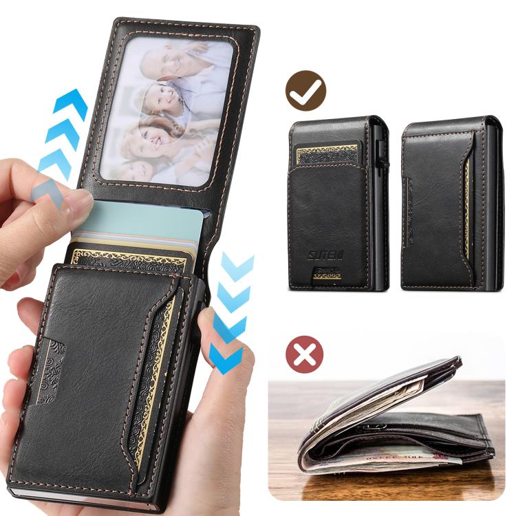 Suteni Oil Waxy Keys Automatically Pop Up Card Wallet Case(Black) - Adhesive Card Holders by Suteni | Online Shopping UK | buy2fix