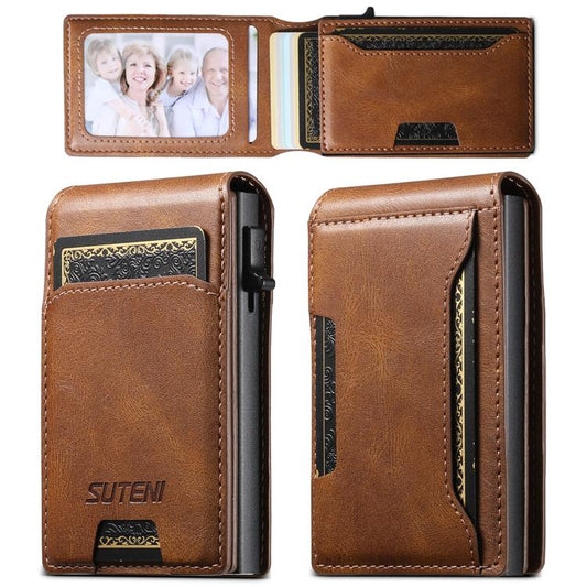 Suteni Oil Waxy Keys Automatically Pop Up Card Wallet Case(Brown) - Adhesive Card Holders by Suteni | Online Shopping UK | buy2fix