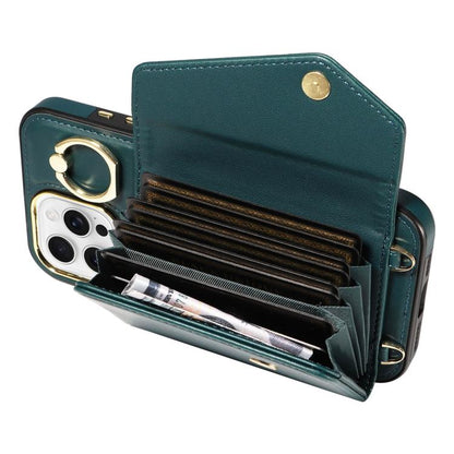 For iPhone 16 Pro Max Diagonal Crossbody Ring Organ Wallet Leather Back Phone Case(Dark Green) - iPhone 16 Pro Max Cases by buy2fix | Online Shopping UK | buy2fix
