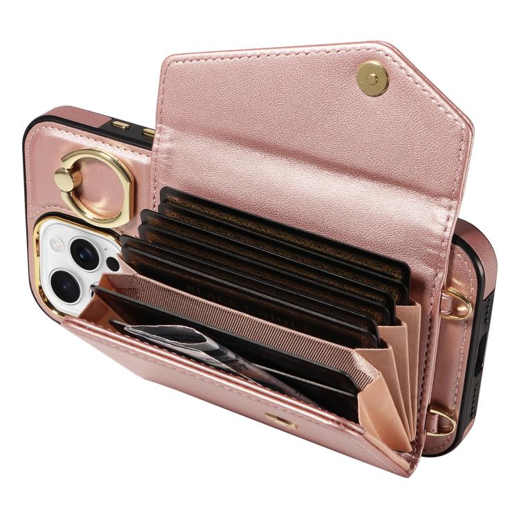 For iPhone 16 Pro Max Diagonal Crossbody Ring Organ Wallet Leather Back Phone Case(Rose Gold) - iPhone 16 Pro Max Cases by buy2fix | Online Shopping UK | buy2fix