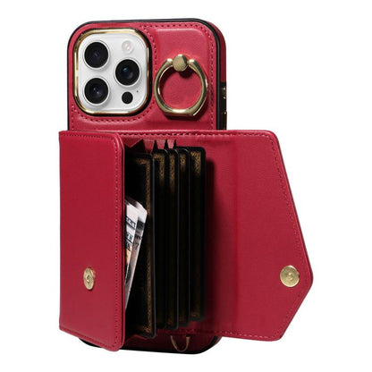 For iPhone 16 Pro Diagonal Crossbody Ring Organ Wallet Leather Back Phone Case(Wine Red) - iPhone 16 Pro Cases by buy2fix | Online Shopping UK | buy2fix
