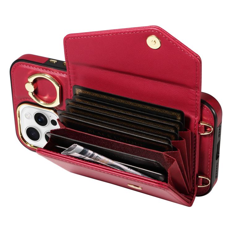 For iPhone 16 Pro Diagonal Crossbody Ring Organ Wallet Leather Back Phone Case(Wine Red) - iPhone 16 Pro Cases by buy2fix | Online Shopping UK | buy2fix