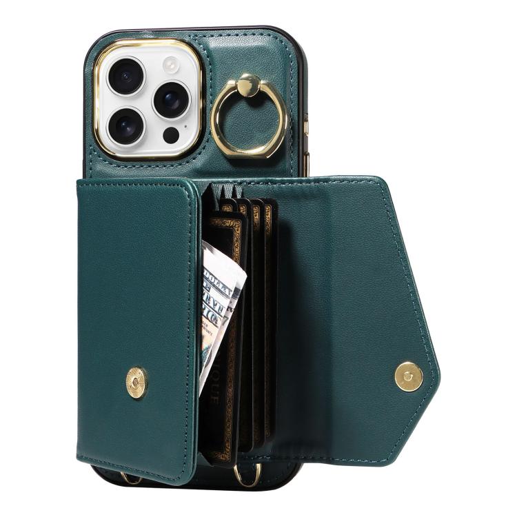 For iPhone 16 Pro Diagonal Crossbody Ring Organ Wallet Leather Back Phone Case(Dark Green) - iPhone 16 Pro Cases by buy2fix | Online Shopping UK | buy2fix