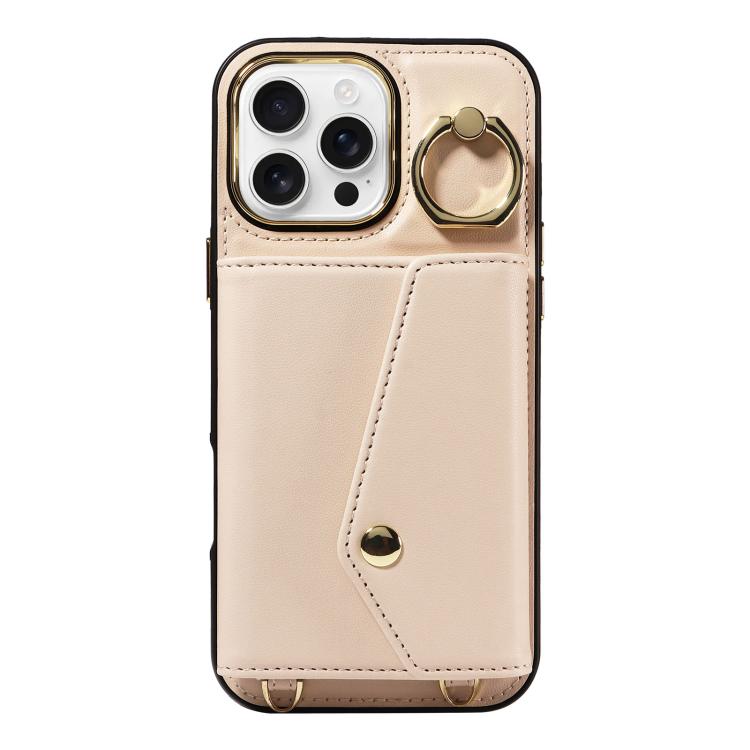 For iPhone 16 Pro Diagonal Crossbody Ring Organ Wallet Leather Back Phone Case(Beige) - iPhone 16 Pro Cases by buy2fix | Online Shopping UK | buy2fix