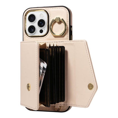 For iPhone 16 Pro Diagonal Crossbody Ring Organ Wallet Leather Back Phone Case(Beige) - iPhone 16 Pro Cases by buy2fix | Online Shopping UK | buy2fix