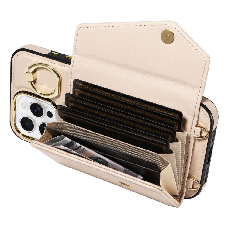 For iPhone 16 Pro Diagonal Crossbody Ring Organ Wallet Leather Back Phone Case(Beige) - iPhone 16 Pro Cases by buy2fix | Online Shopping UK | buy2fix
