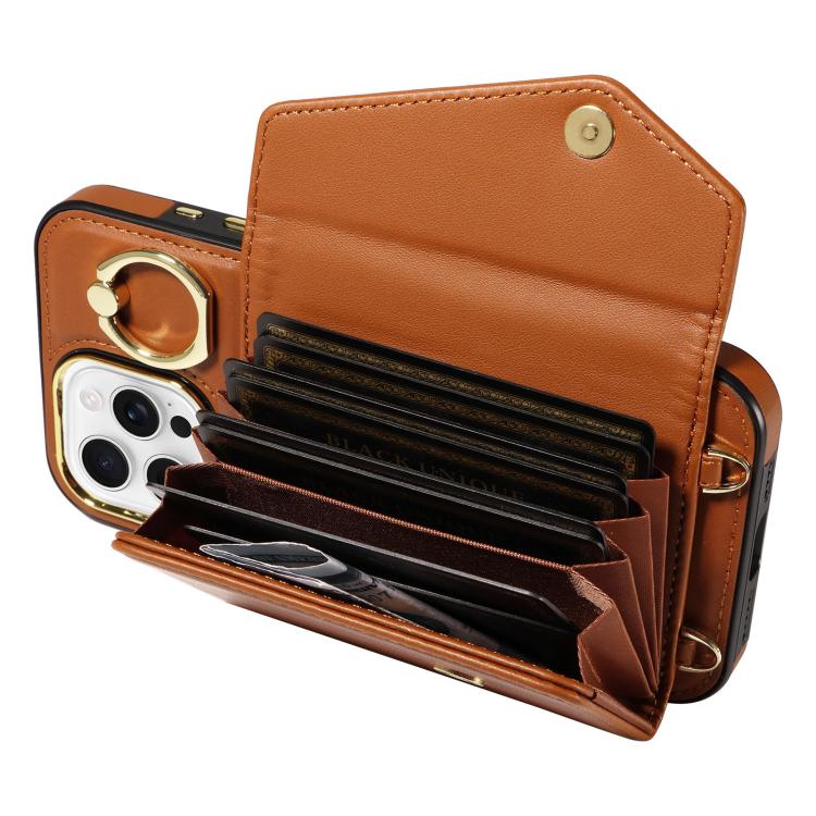 For iPhone 16 Pro Diagonal Crossbody Ring Organ Wallet Leather Back Phone Case(Brown) - iPhone 16 Pro Cases by buy2fix | Online Shopping UK | buy2fix