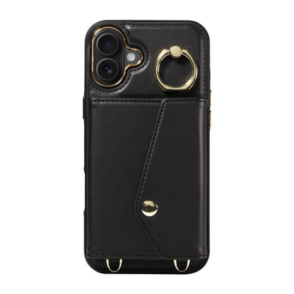 For iPhone 16 Plus Diagonal Crossbody Ring Organ Wallet Leather Back Phone Case(Black) - iPhone 16 Plus Cases by buy2fix | Online Shopping UK | buy2fix