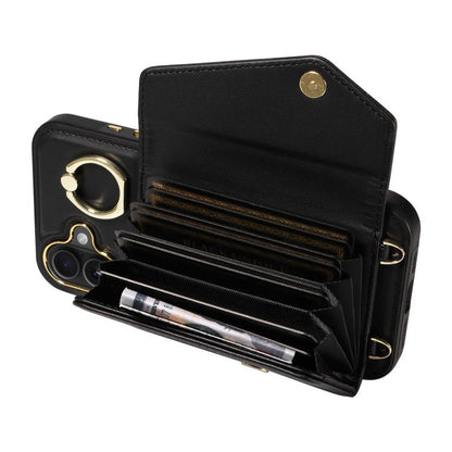 For iPhone 16 Plus Diagonal Crossbody Ring Organ Wallet Leather Back Phone Case(Black) - iPhone 16 Plus Cases by buy2fix | Online Shopping UK | buy2fix