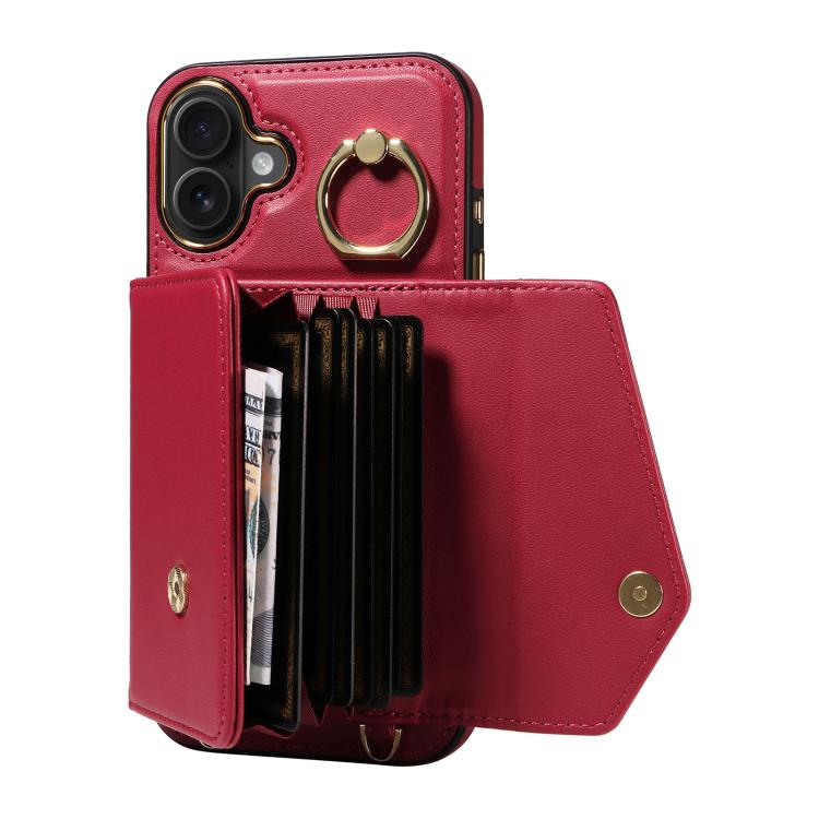 For iPhone 16 Plus Diagonal Crossbody Ring Organ Wallet Leather Back Phone Case(Wine Red) - iPhone 16 Plus Cases by buy2fix | Online Shopping UK | buy2fix