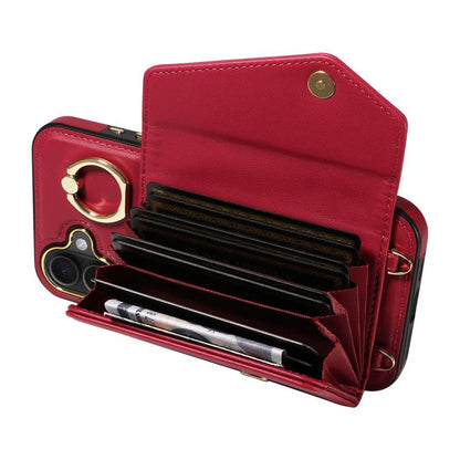 For iPhone 16 Plus Diagonal Crossbody Ring Organ Wallet Leather Back Phone Case(Wine Red) - iPhone 16 Plus Cases by buy2fix | Online Shopping UK | buy2fix