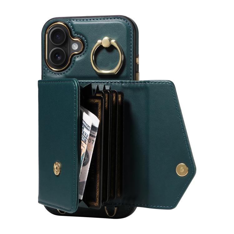 For iPhone 16 Plus Diagonal Crossbody Ring Organ Wallet Leather Back Phone Case(Dark Green) - iPhone 16 Plus Cases by buy2fix | Online Shopping UK | buy2fix