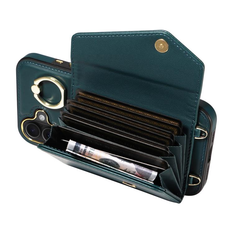For iPhone 16 Plus Diagonal Crossbody Ring Organ Wallet Leather Back Phone Case(Dark Green) - iPhone 16 Plus Cases by buy2fix | Online Shopping UK | buy2fix