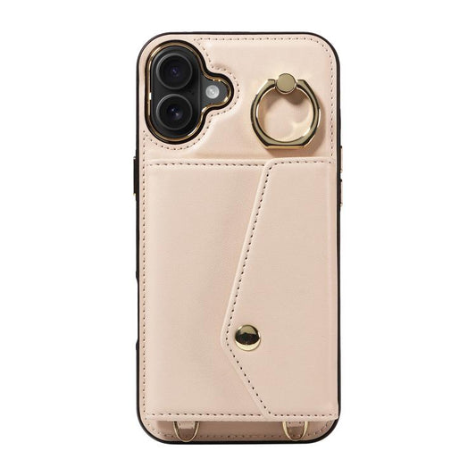 For iPhone 16 Plus Diagonal Crossbody Ring Organ Wallet Leather Back Phone Case(Beige) - iPhone 16 Plus Cases by buy2fix | Online Shopping UK | buy2fix
