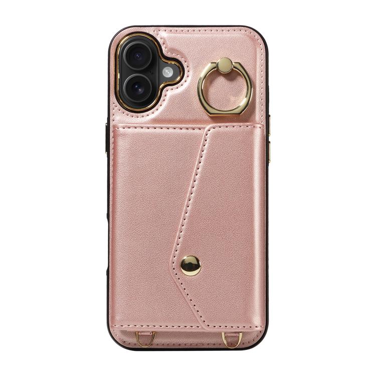 For iPhone 16 Plus Diagonal Crossbody Ring Organ Wallet Leather Back Phone Case(Rose Gold) - iPhone 16 Plus Cases by buy2fix | Online Shopping UK | buy2fix