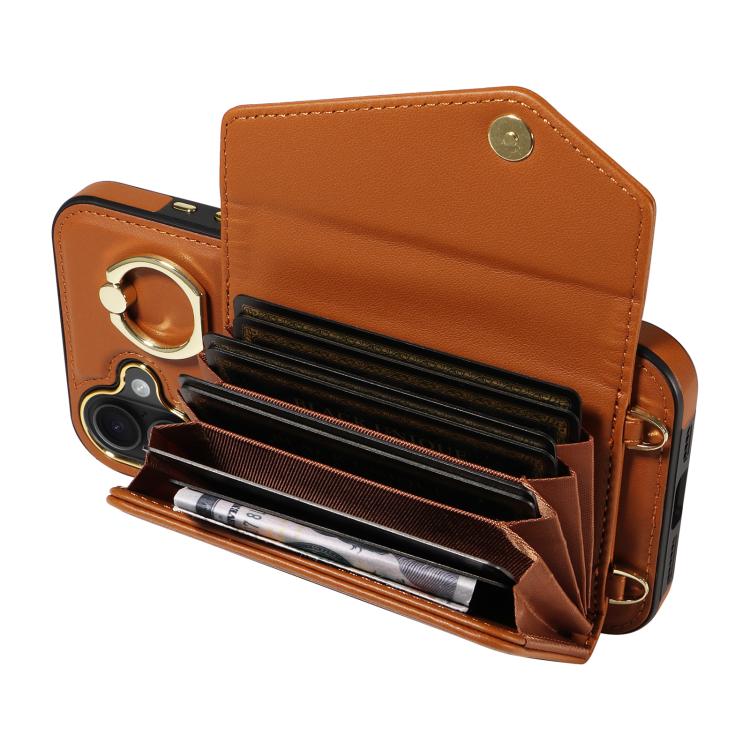For iPhone 16 Plus Diagonal Crossbody Ring Organ Wallet Leather Back Phone Case(Brown) - iPhone 16 Plus Cases by buy2fix | Online Shopping UK | buy2fix