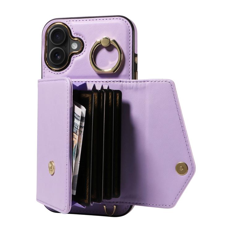 For iPhone 16 Plus Diagonal Crossbody Ring Organ Wallet Leather Back Phone Case(Purple) - iPhone 16 Plus Cases by buy2fix | Online Shopping UK | buy2fix