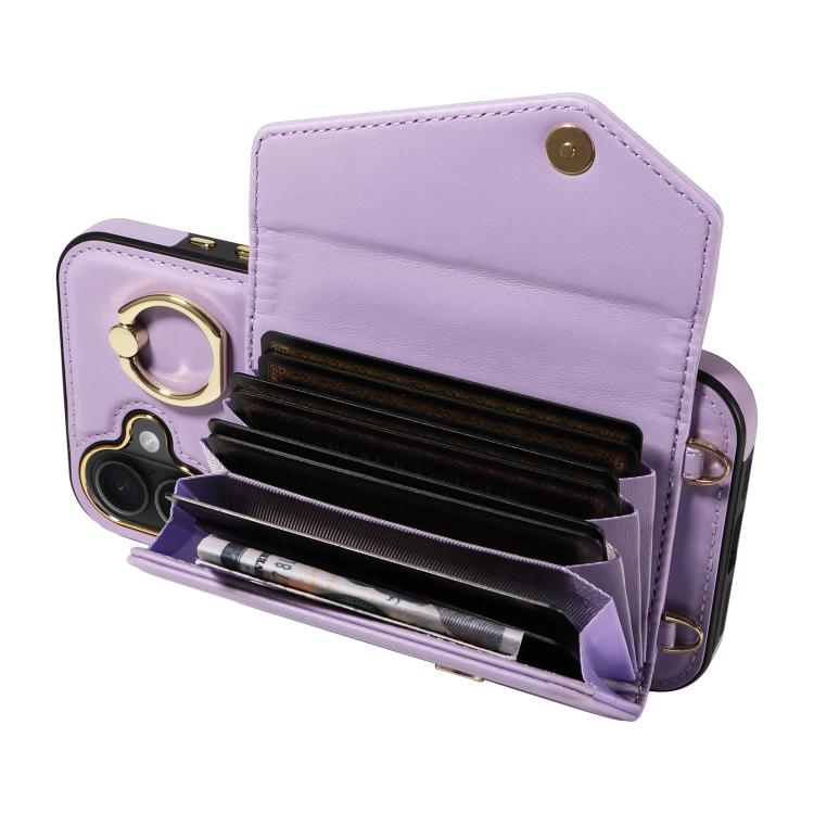 For iPhone 16 Plus Diagonal Crossbody Ring Organ Wallet Leather Back Phone Case(Purple) - iPhone 16 Plus Cases by buy2fix | Online Shopping UK | buy2fix