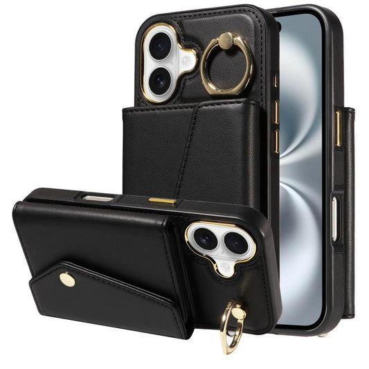 For iPhone 16 Diagonal Crossbody Ring Organ Wallet Leather Back Phone Case(Black) - iPhone 16 Cases by buy2fix | Online Shopping UK | buy2fix