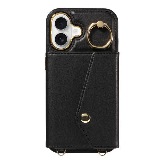 For iPhone 16 Diagonal Crossbody Ring Organ Wallet Leather Back Phone Case(Black) - iPhone 16 Cases by buy2fix | Online Shopping UK | buy2fix