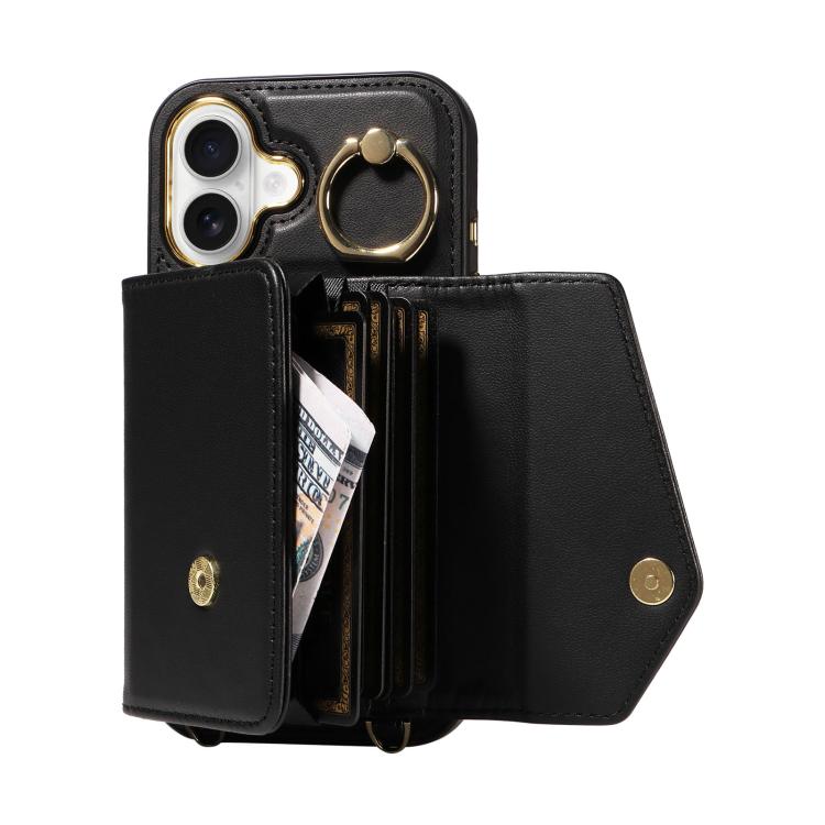 For iPhone 16 Diagonal Crossbody Ring Organ Wallet Leather Back Phone Case(Black) - iPhone 16 Cases by buy2fix | Online Shopping UK | buy2fix