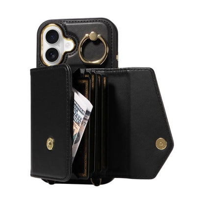 For iPhone 16 Diagonal Crossbody Ring Organ Wallet Leather Back Phone Case(Black) - iPhone 16 Cases by buy2fix | Online Shopping UK | buy2fix