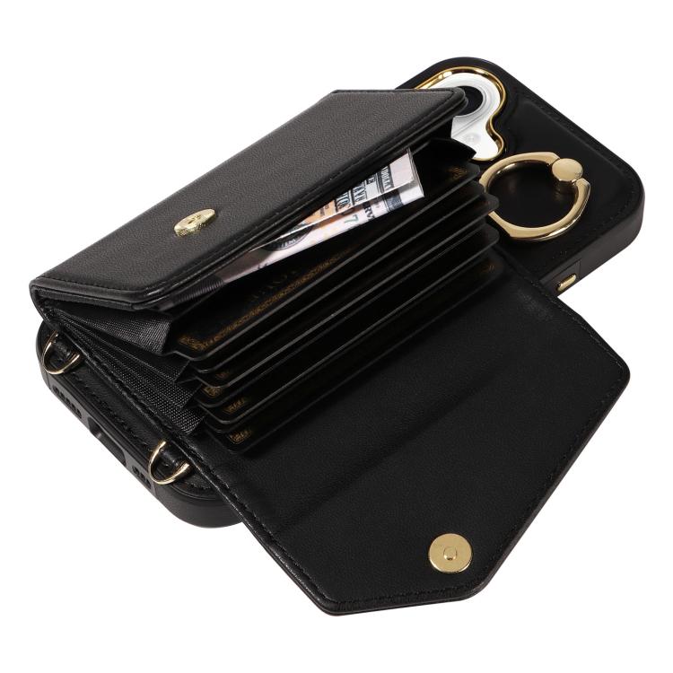 For iPhone 16 Diagonal Crossbody Ring Organ Wallet Leather Back Phone Case(Black) - iPhone 16 Cases by buy2fix | Online Shopping UK | buy2fix