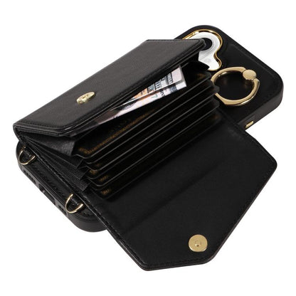 For iPhone 16 Diagonal Crossbody Ring Organ Wallet Leather Back Phone Case(Black) - iPhone 16 Cases by buy2fix | Online Shopping UK | buy2fix