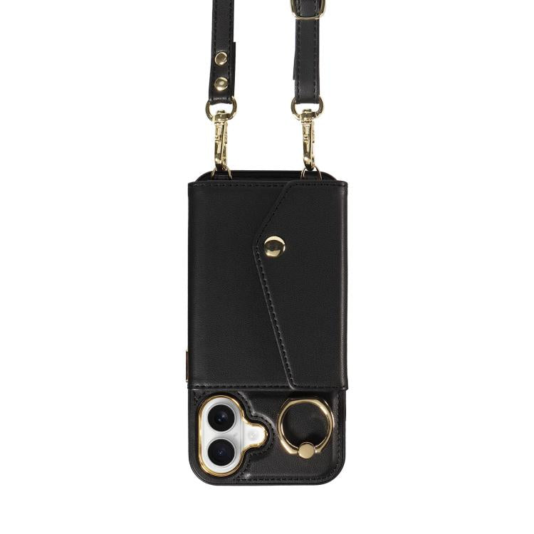For iPhone 16 Diagonal Crossbody Ring Organ Wallet Leather Back Phone Case(Black) - iPhone 16 Cases by buy2fix | Online Shopping UK | buy2fix