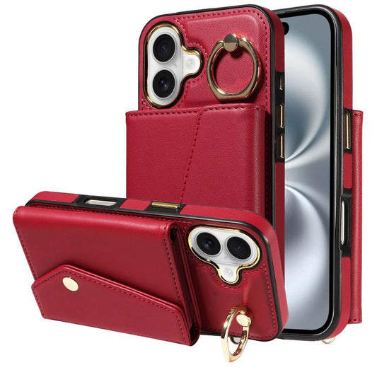 For iPhone 16 Diagonal Crossbody Ring Organ Wallet Leather Back Phone Case(Wine Red) - iPhone 16 Cases by buy2fix | Online Shopping UK | buy2fix
