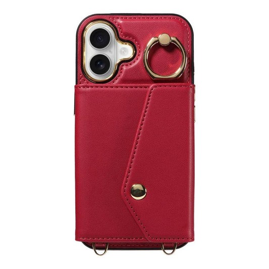 For iPhone 16 Diagonal Crossbody Ring Organ Wallet Leather Back Phone Case(Wine Red) - iPhone 16 Cases by buy2fix | Online Shopping UK | buy2fix