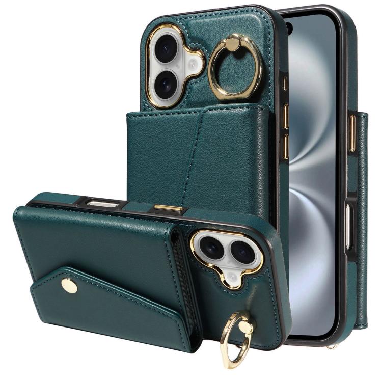 For iPhone 16 Diagonal Crossbody Ring Organ Wallet Leather Back Phone Case(Dark Green) - iPhone 16 Cases by buy2fix | Online Shopping UK | buy2fix