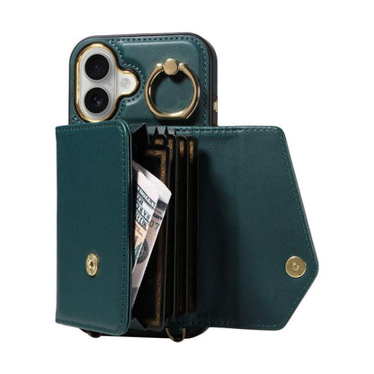 For iPhone 16 Diagonal Crossbody Ring Organ Wallet Leather Back Phone Case(Dark Green) - iPhone 16 Cases by buy2fix | Online Shopping UK | buy2fix