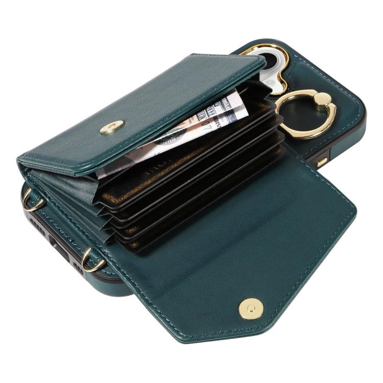 For iPhone 16 Diagonal Crossbody Ring Organ Wallet Leather Back Phone Case(Dark Green) - iPhone 16 Cases by buy2fix | Online Shopping UK | buy2fix