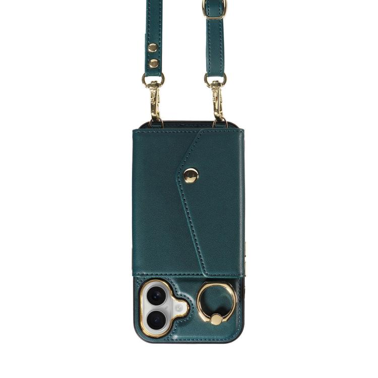 For iPhone 16 Diagonal Crossbody Ring Organ Wallet Leather Back Phone Case(Dark Green) - iPhone 16 Cases by buy2fix | Online Shopping UK | buy2fix